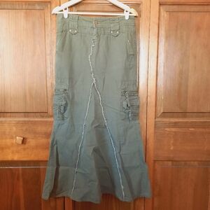 Vintage Y2K Nori 100% Cotton Army Green Grunge Cargo Pockets Maxi Skirt Size 1